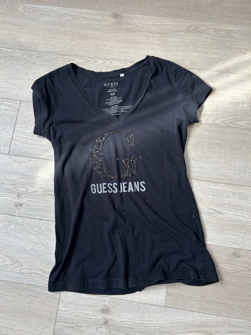 Guess Black V-Neck Logo Tee with Embellished G